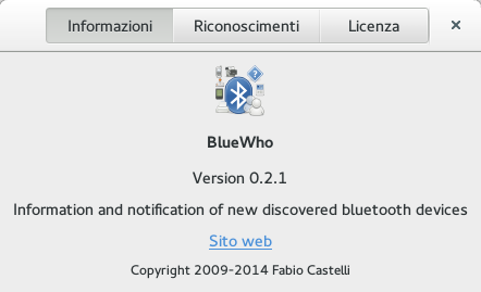 Finestra informazioni di BlueWho 0.2.1