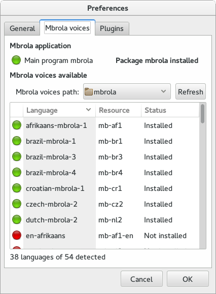 Preferences window for MBROLA