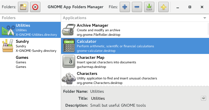 Main window for GNOME AppFolders Manager 0.2.0
