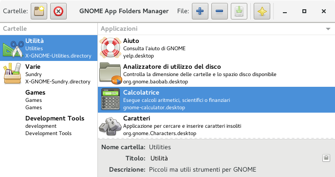 Finestra principale di GNOME AppFolders Manager 0.2.0