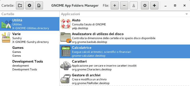 Finestra principale di GNOME AppFolders Manager 0.3.0