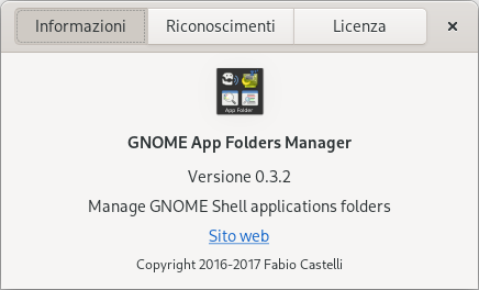 Finestra informazioni di GNOME AppFolders Manager 0.3.2