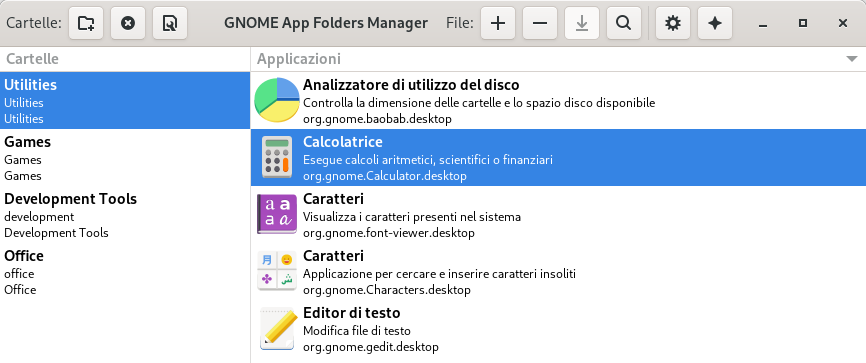 Finestra principale di GNOME AppFolders Manager 0.4.0