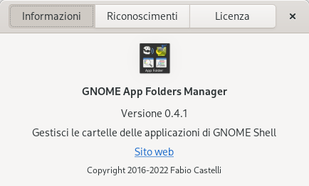 Finestra informazioni di GNOME AppFolders Manager 0.4.1