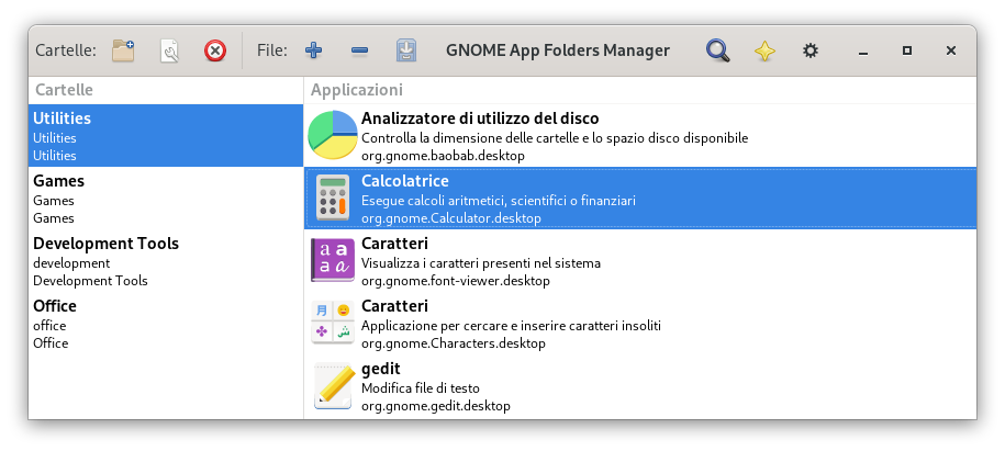 Finestra principale di GNOME AppFolders Manager 0.4.3