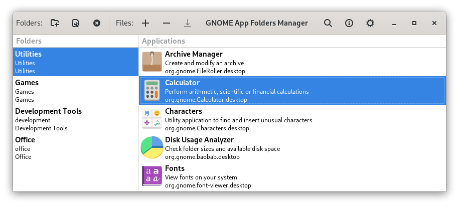 Main window for GNOME AppFolders Manager 0.4.4