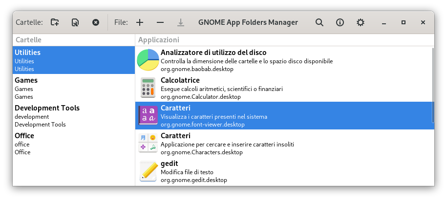 Finestra principale di GNOME AppFolders Manager 0.4.4