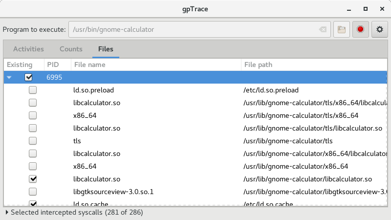 Files page for gpTrace 0.3.0