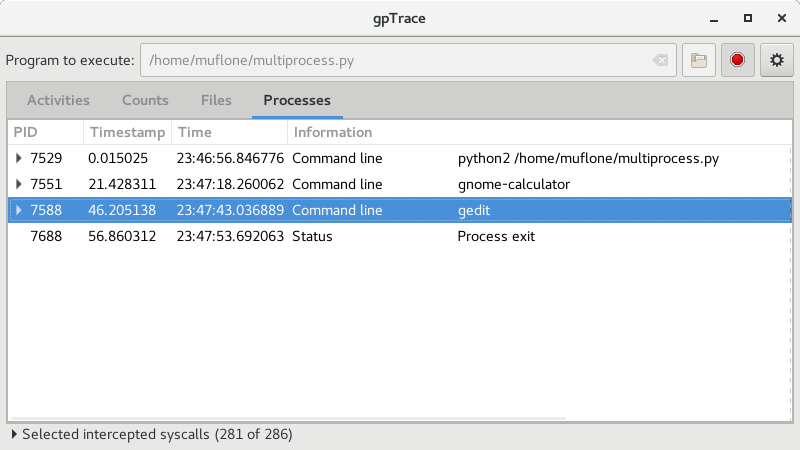 Processes page for gpTrace 0.4.0