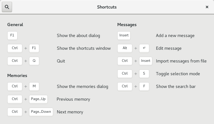 Shortcuts window for gTransMemory 0.3.0
