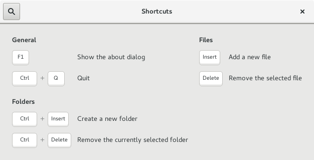 Shortcuts window for GNOME AppFolders Manager 0.2.2