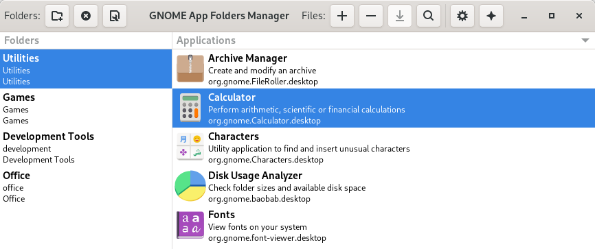 Main window for GNOME AppFolders Manager 0.4.0