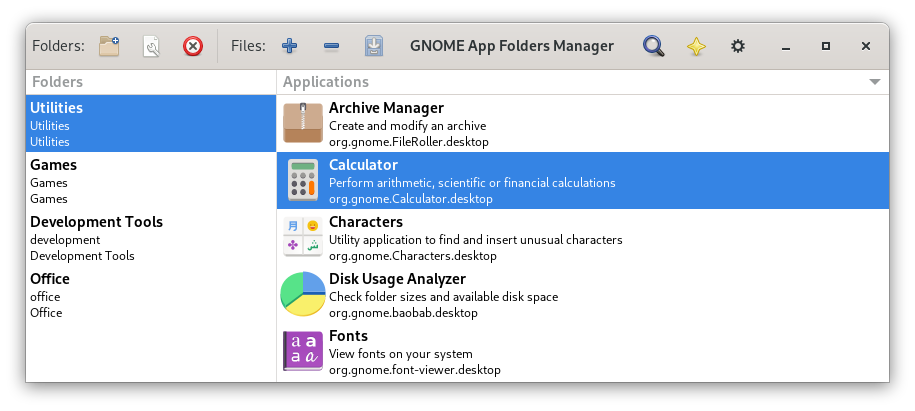 Main window for GNOME AppFolders Manager 0.4.3
