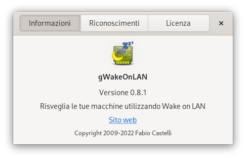 Finestra delle informazioni di gWakeOnLAN 0.8.1